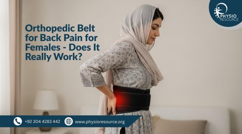 Pakistani woman standing in a bedroom, wearing a traditional outfit and an orthopedic belt around her lower back. She gently presses her lower back with one hand, indicating discomfort. The room includes a bed, lamp, and soft lighting.