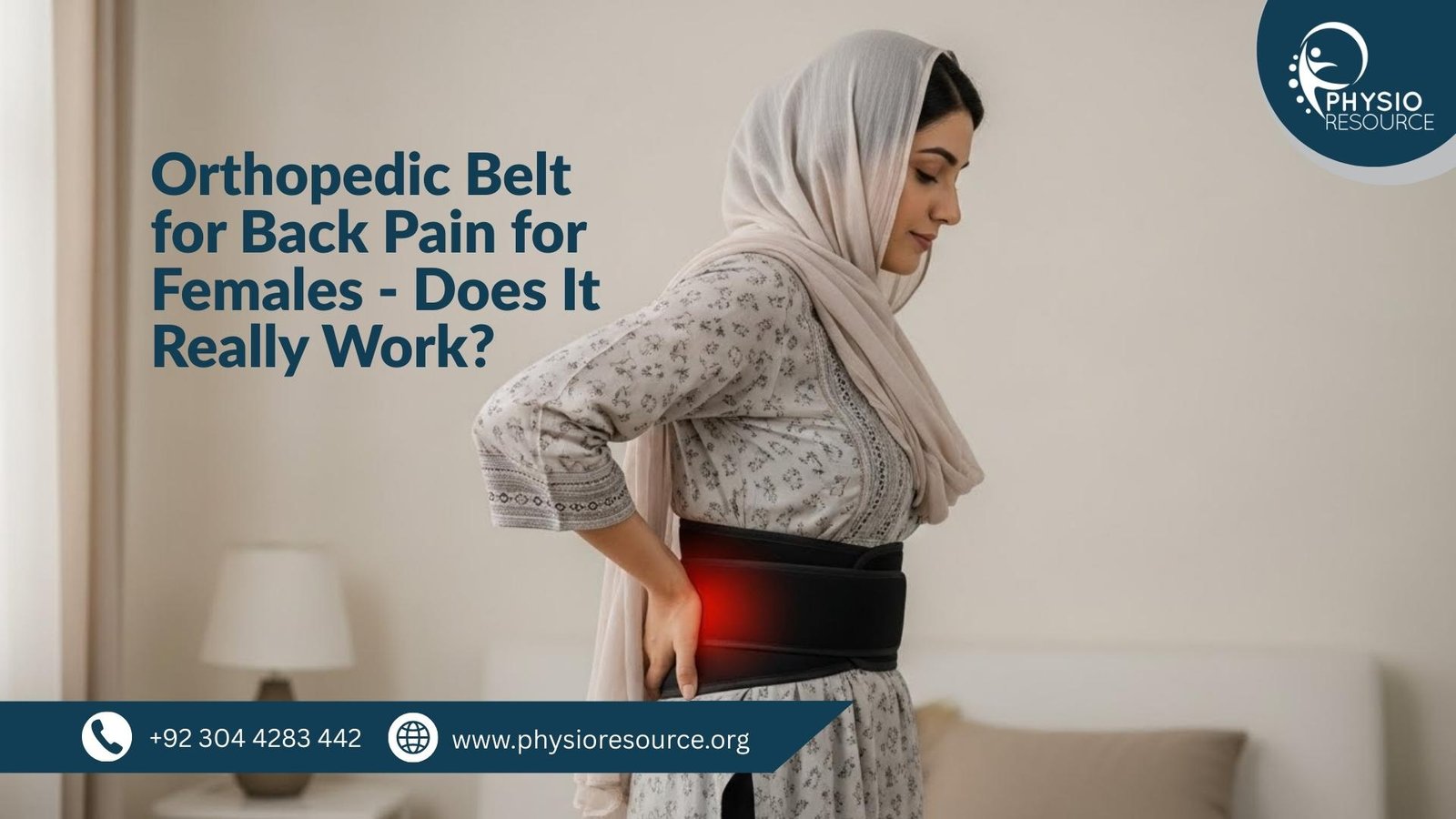 Pakistani woman standing in a bedroom, wearing a traditional outfit and an orthopedic belt around her lower back. She gently presses her lower back with one hand, indicating discomfort. The room includes a bed, lamp, and soft lighting.