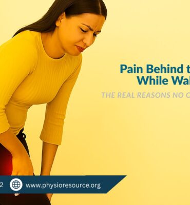 Pakistani woman mid-step indoors, pressing one hand behind her knee with a red glow indicating pain. Her posture and expression suggest discomfort while walking.