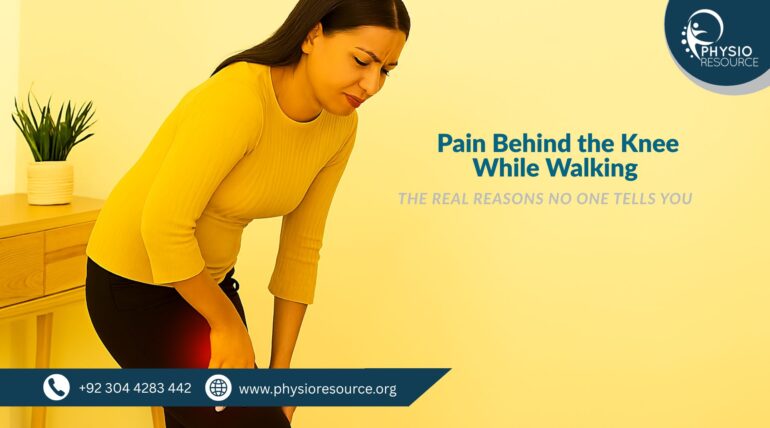 Pakistani woman mid-step indoors, pressing one hand behind her knee with a red glow indicating pain. Her posture and expression suggest discomfort while walking.