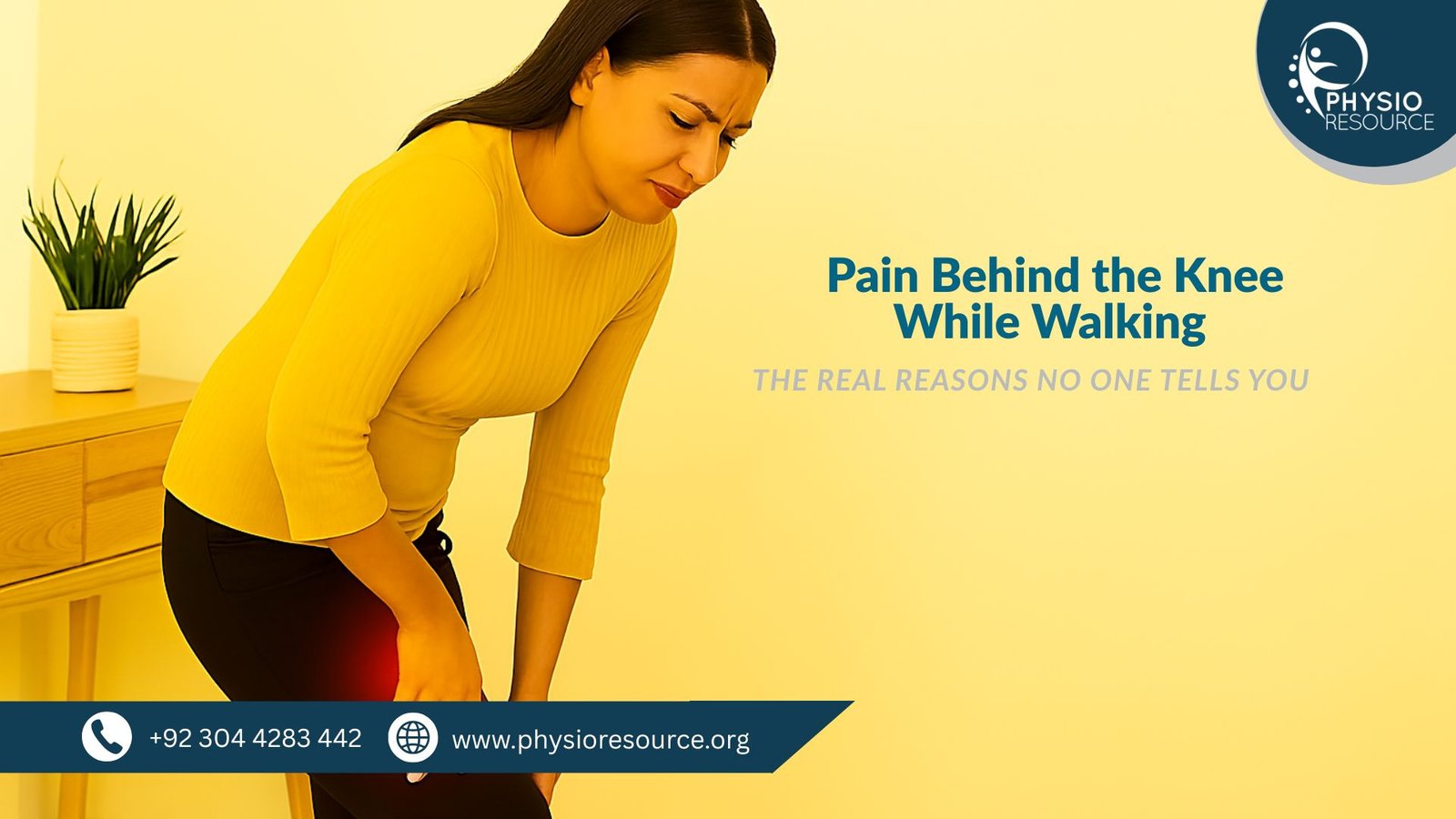 Pakistani woman mid-step indoors, pressing one hand behind her knee with a red glow indicating pain. Her posture and expression suggest discomfort while walking.