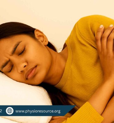 Pakistani woman sleeping on her side with a relaxed expression, gently holding her shoulder in a mustard sweater, illustrating shoulder pain during sleep.
