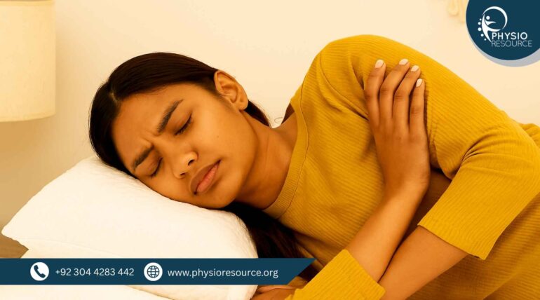 Pakistani woman sleeping on her side with a relaxed expression, gently holding her shoulder in a mustard sweater, illustrating shoulder pain during sleep.