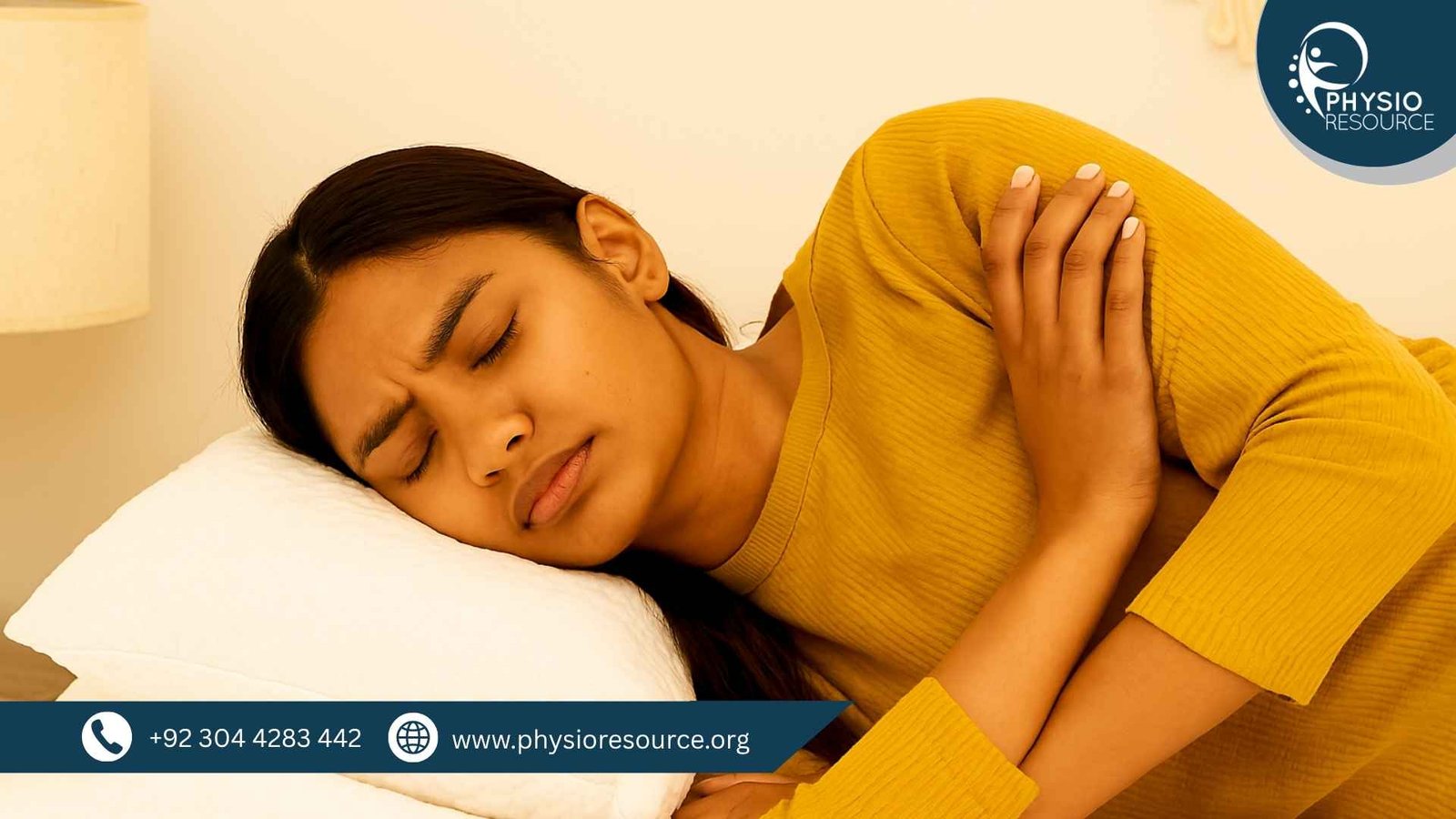 Pakistani woman sleeping on her side with a relaxed expression, gently holding her shoulder in a mustard sweater, illustrating shoulder pain during sleep.