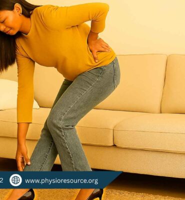 Pakistani woman in mustard sweater adjusting her black high heels while standing indoors, with a subtle golden glow around the shoes to emphasize discomfort.