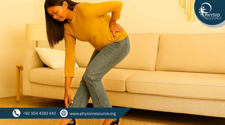 Pakistani woman in mustard sweater adjusting her black high heels while standing indoors, with a subtle golden glow around the shoes to emphasize discomfort.