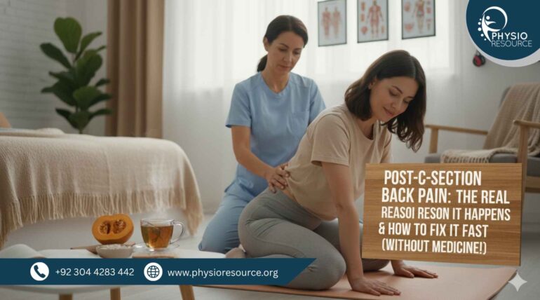 Pakistani woman kneeling on a yoga mat while a female physiotherapist in scrubs gently supports her lower back. Cozy indoor setting with anatomical charts and warm lighting. Image for PhysioResource.