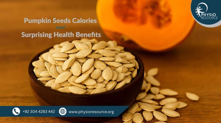 A rustic wooden bowl filled with off-white pumpkin seeds sits on a warm wooden surface. A halved orange pumpkin is visible in the background. Image for PhysioResource.