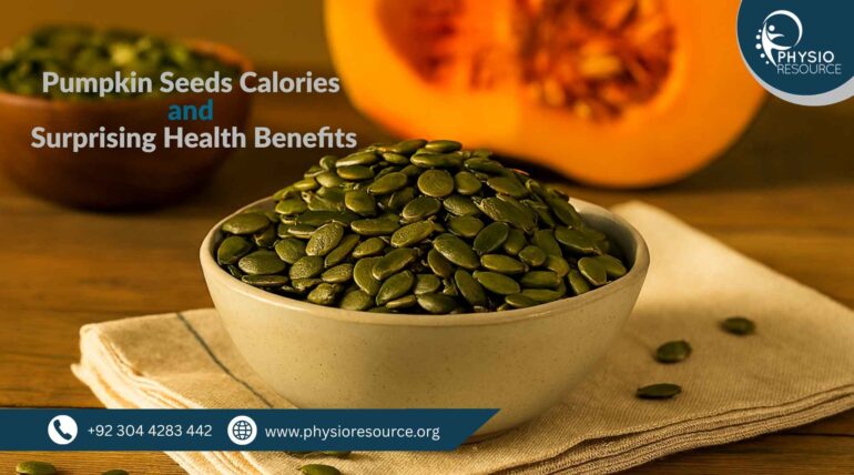 A bowl filled with green pumpkin seeds sits on a cloth napkin atop a wooden surface. A halved pumpkin is visible in the background. Image for PhysioResource.