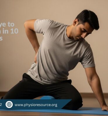 Pakistani male performing a seated stretch on a blue yoga mat in a warmly lit room with wooden flooring and potted plants. His posture targets the lower back and hip area, suggesting relief from sciatica pain.