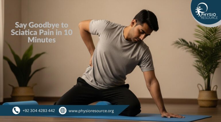 Pakistani male performing a seated stretch on a blue yoga mat in a warmly lit room with wooden flooring and potted plants. His posture targets the lower back and hip area, suggesting relief from sciatica pain.