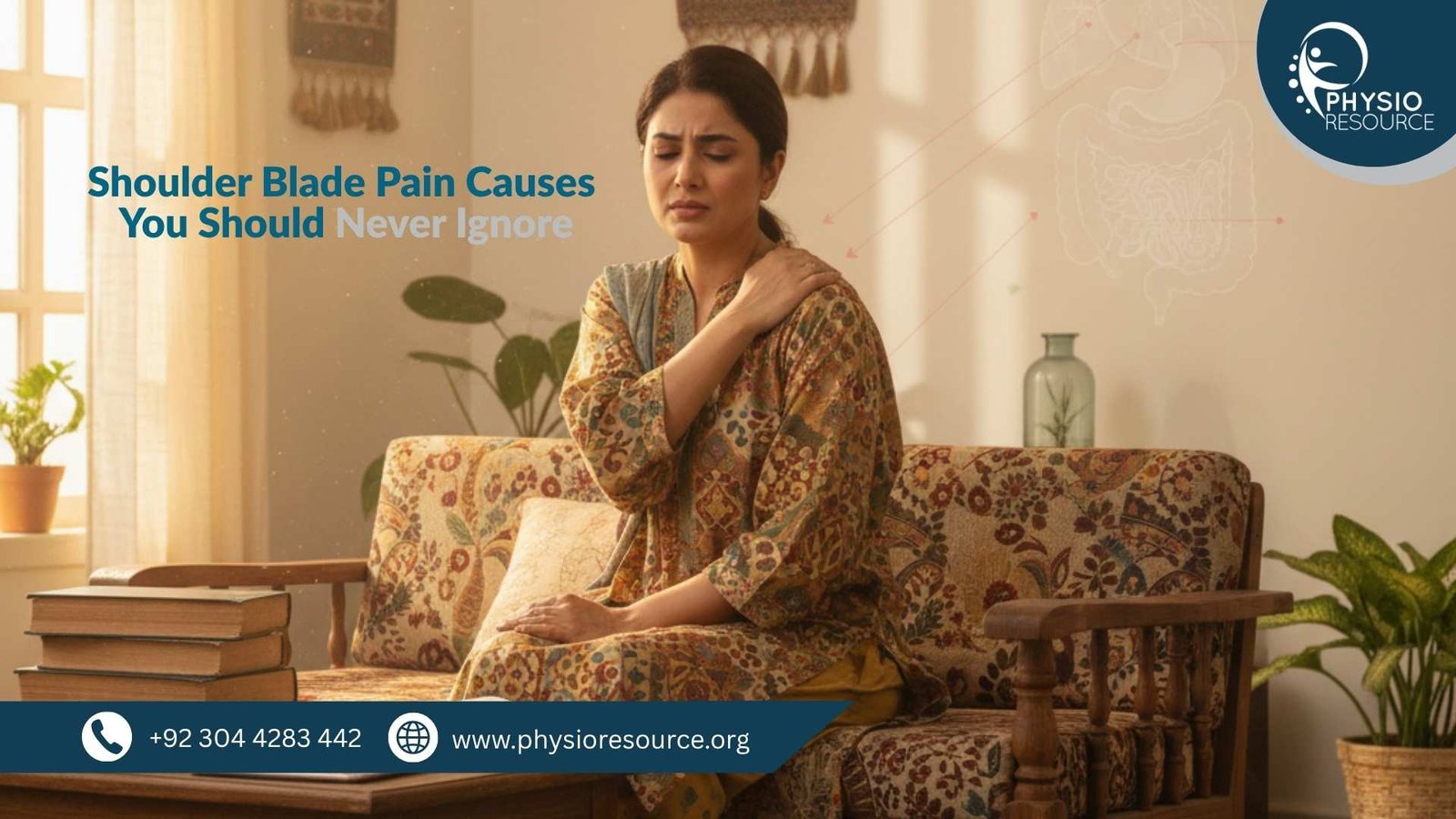 Pakistani woman seated on a patterned sofa, pressing her left shoulder with a pained expression. She wears traditional attire and sits in a warmly lit living room with decorative elements in the background. Branded image for Physio Resource.