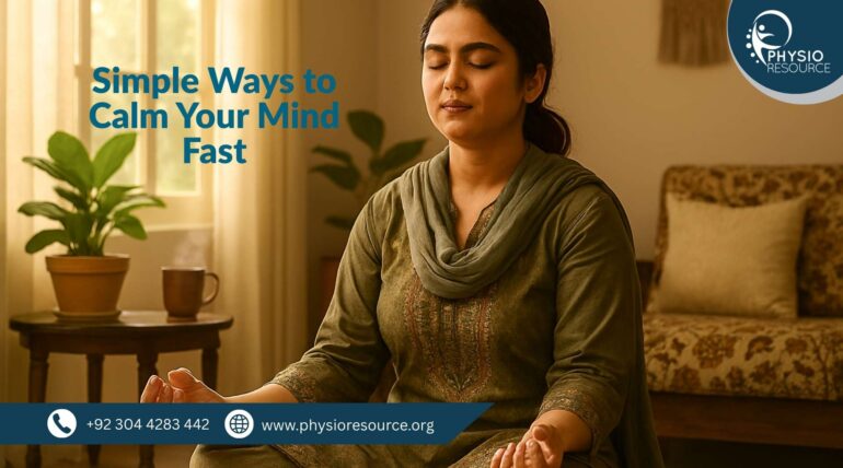 Pakistani individual seated cross-legged on the floor in a meditative posture with eyes closed and hands resting on knees. The indoor setting is warm and peaceful, with soft lighting, a potted plant, and curtain in the background.
