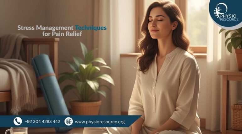 Pakistani woman seated calmly on a beige sofa with eyes closed and hands in a prayer pose. Herbal tea, journal, and yoga mat nearby in a warm, culturally authentic indoor setting.
