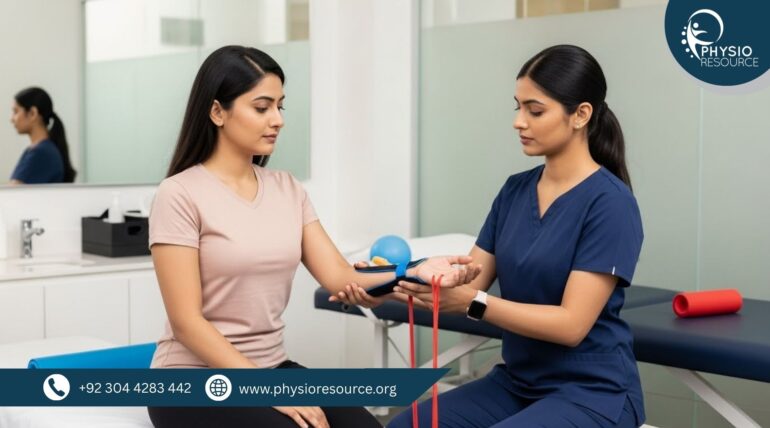 Pakistani physiotherapist in navy scrubs assisting a seated patient with arm therapy using a resistance band in a clinical setting.