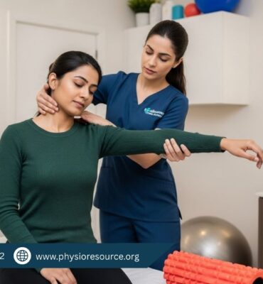 Pakistani physiotherapist in blue scrubs assisting a seated patient in a green shirt with shoulder and neck mobility exercises in a modern clinic.