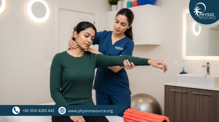 Pakistani physiotherapist in blue scrubs assisting a seated patient in a green shirt with shoulder and neck mobility exercises in a modern clinic.