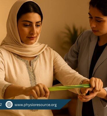 Pakistani woman in traditional attire performing a resistance band exercise under the guidance of a female physiotherapist in a softly lit therapy room.