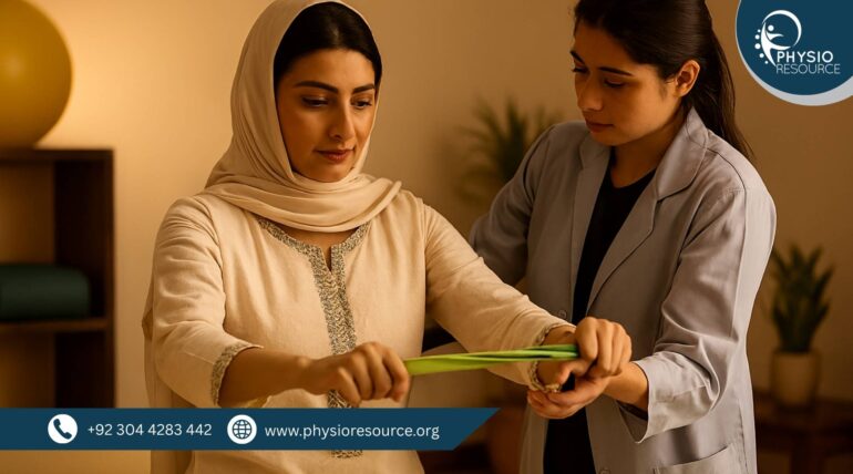 Pakistani woman in traditional attire performing a resistance band exercise under the guidance of a female physiotherapist in a softly lit therapy room.