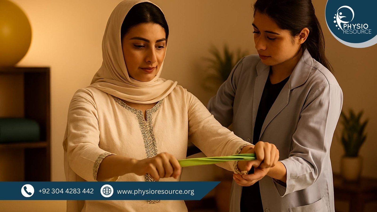 Pakistani woman in traditional attire performing a resistance band exercise under the guidance of a female physiotherapist in a softly lit therapy room.