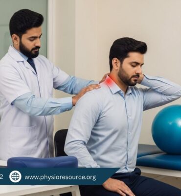 Pakistani physiotherapist in white coat examining a seated patient with neck and shoulder pain in a modern clinic.