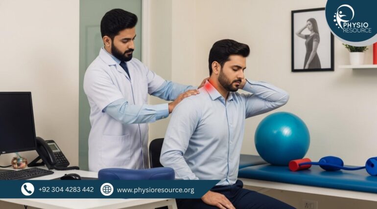 Pakistani physiotherapist in white coat examining a seated patient with neck and shoulder pain in a modern clinic.