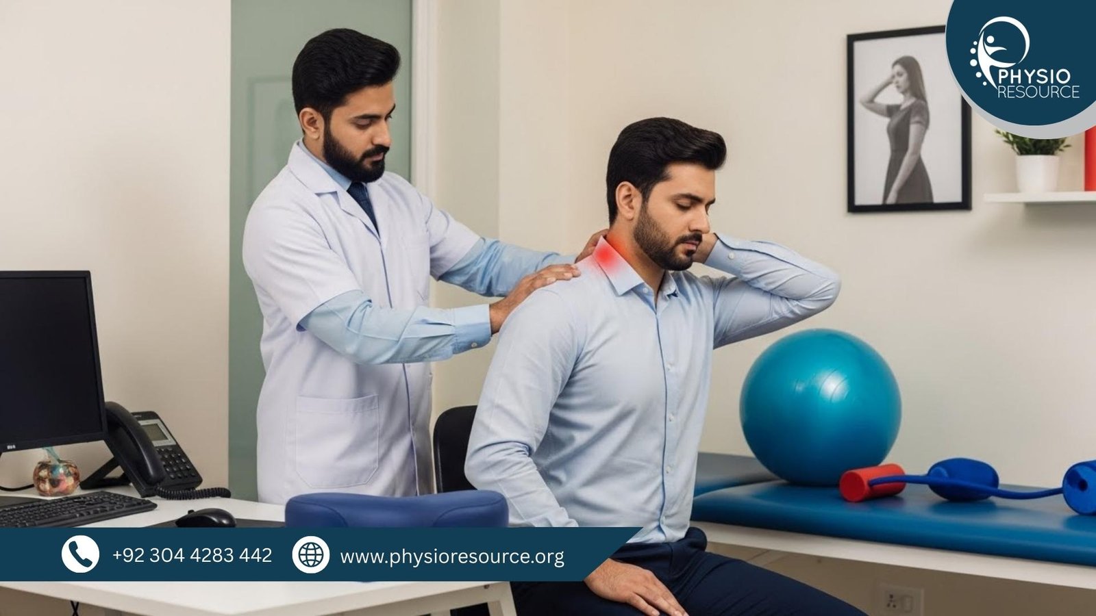 Pakistani physiotherapist in white coat examining a seated patient with neck and shoulder pain in a modern clinic.