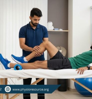 Pakistani physiotherapist in navy polo shirt assisting a male athlete in green shirt and black shorts with leg therapy on a treatment table in a modern clinic.