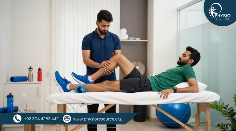 Pakistani physiotherapist in navy polo shirt assisting a male athlete in green shirt and black shorts with leg therapy on a treatment table in a modern clinic.
