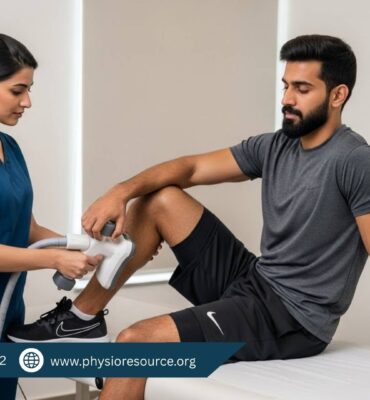 Pakistani physiotherapist in blue scrubs applying a therapeutic device to a male patient’s knee during a rehabilitation session in a modern clinic.