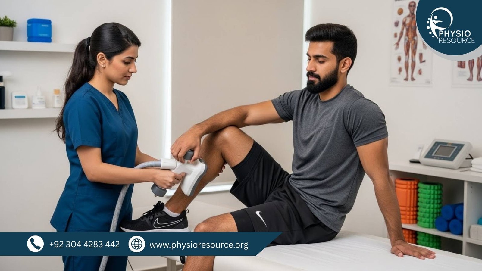 Pakistani physiotherapist in blue scrubs applying a therapeutic device to a male patient’s knee during a rehabilitation session in a modern clinic.