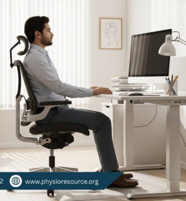 Pakistani professional woman seated at an ergonomic workstation in a modern office, demonstrating correct posture with monitor at eye level and arms relaxed.