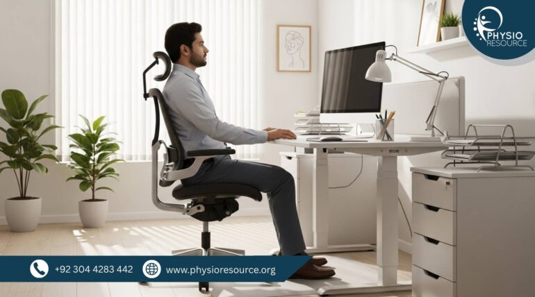 Pakistani professional woman seated at an ergonomic workstation in a modern office, demonstrating correct posture with monitor at eye level and arms relaxed.