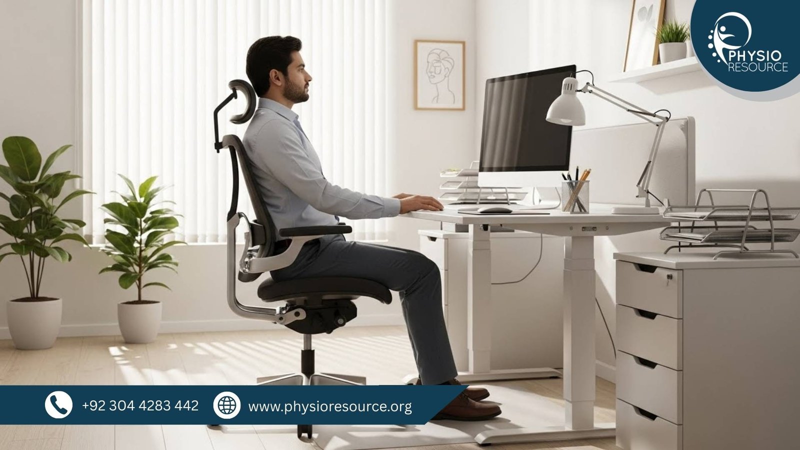 Pakistani professional woman seated at an ergonomic workstation in a modern office, demonstrating correct posture with monitor at eye level and arms relaxed.