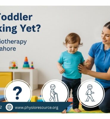 Pediatric physiotherapist helping a toddler with delayed walking through guided physiotherapy exercises in a clinic in Lahore.