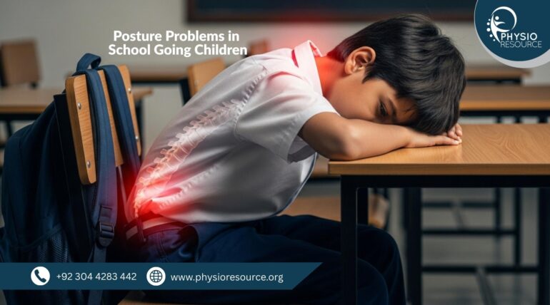 School child showing poor posture while sitting and studying