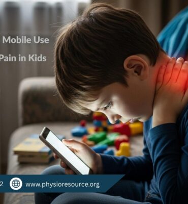Child using mobile phone showing neck and back pain from screen time