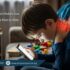 Child using mobile phone showing neck and back pain from screen time