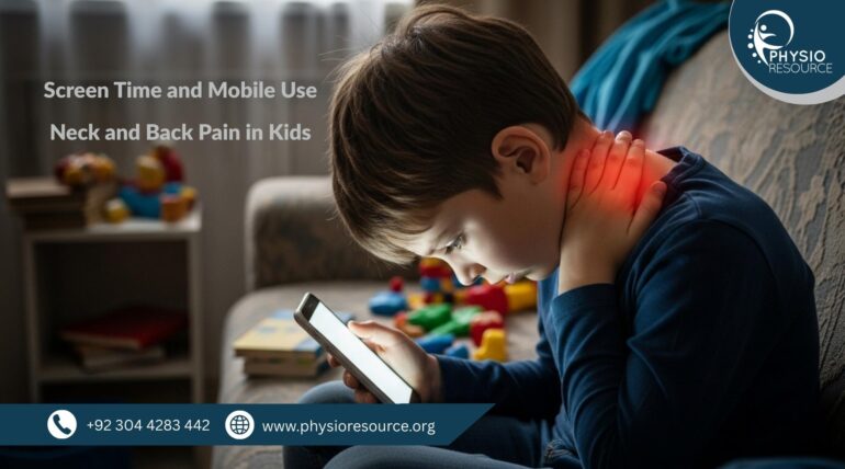 Child using mobile phone showing neck and back pain from screen time