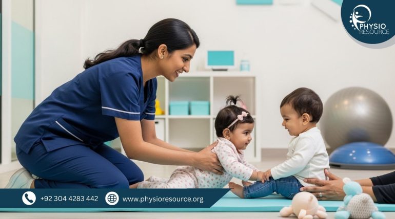 Pediatric physiotherapist assessing delayed milestones in a baby during a clinic session in Lahore