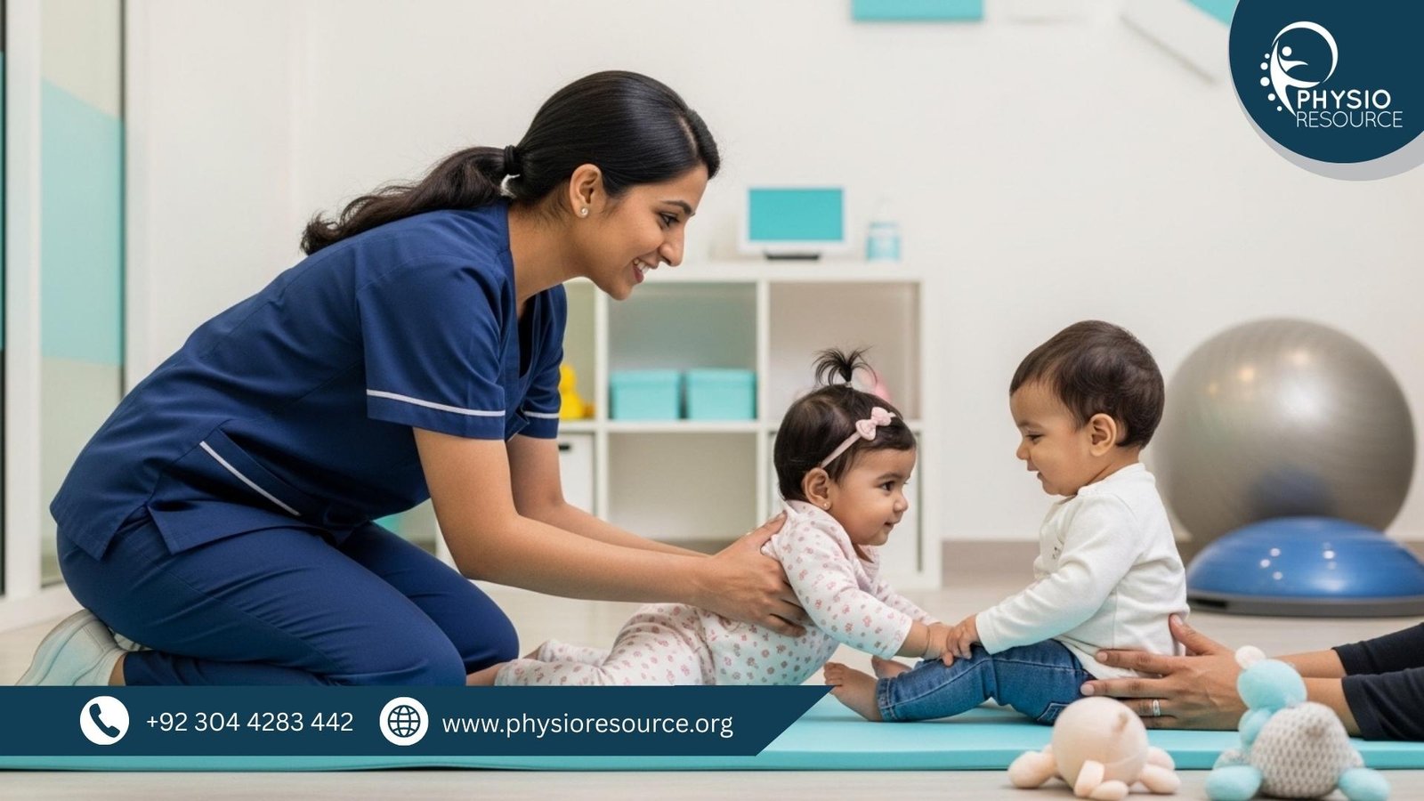 Pediatric physiotherapist assessing delayed milestones in a baby during a clinic session in Lahore