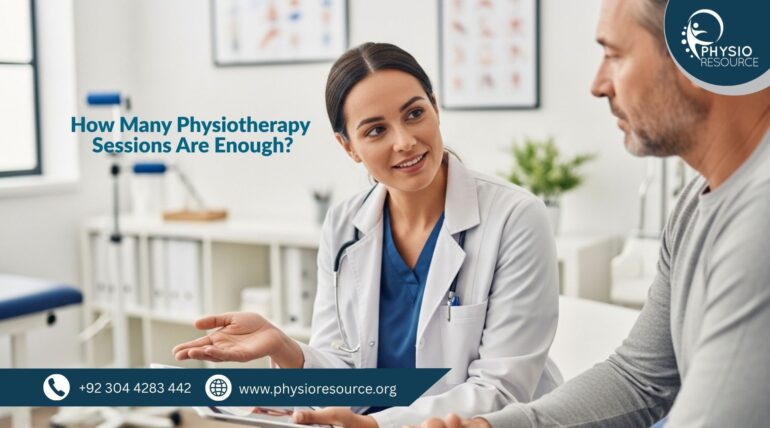 Physiotherapist discussing a personalized rehabilitation plan with a patient during a clinic consultation