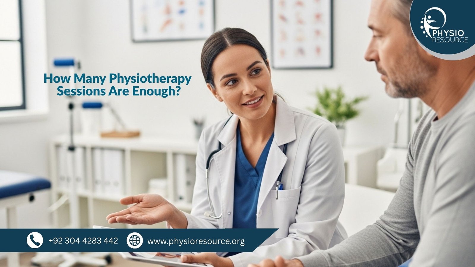 Physiotherapist discussing a personalized rehabilitation plan with a patient during a clinic consultation