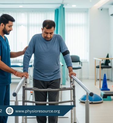 Physiotherapist guiding brain injury rehabilitation with balance and gait training during a neuro rehab session in Lahore