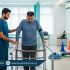 Physiotherapist guiding brain injury rehabilitation with balance and gait training during a neuro rehab session in Lahore