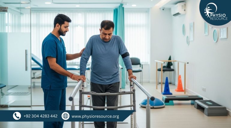 Physiotherapist guiding brain injury rehabilitation with balance and gait training during a neuro rehab session in Lahore