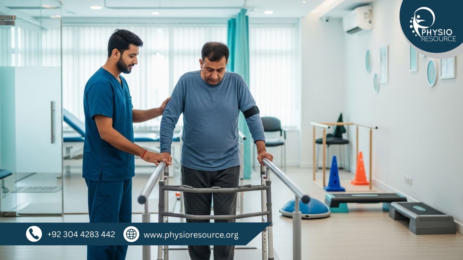 Physiotherapist guiding brain injury rehabilitation with balance and gait training during a neuro rehab session in Lahore
