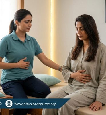 Female physiotherapist guiding natural period pain relief with gentle stretching and breathing in a Lahore clinic