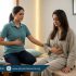 Female physiotherapist guiding natural period pain relief with gentle stretching and breathing in a Lahore clinic