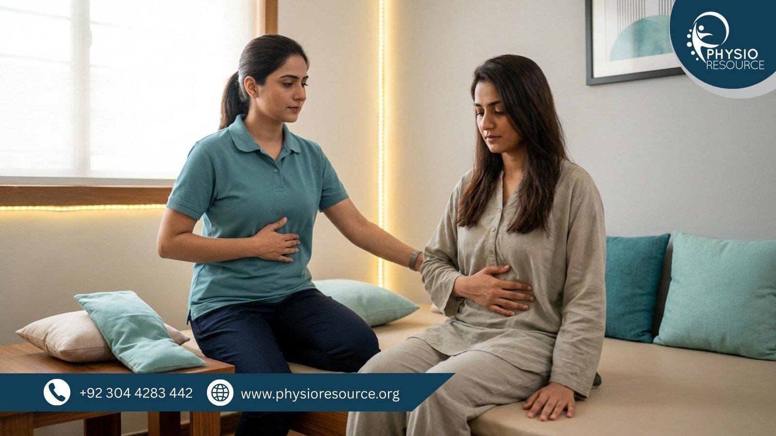 Female physiotherapist guiding natural period pain relief with gentle stretching and breathing in a Lahore clinic